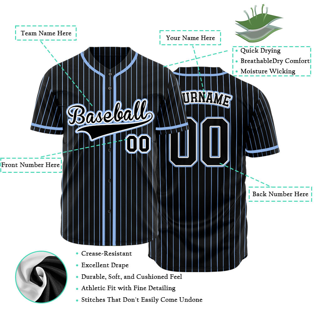 Black and Light Blue Striped Custom Baseball Jersey