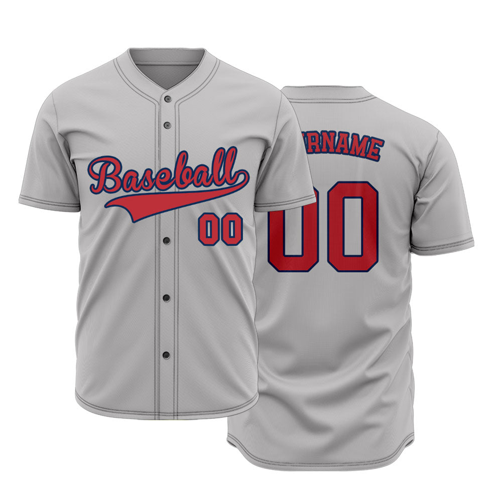 Custom gray baseball jersey with red letters and blue trim