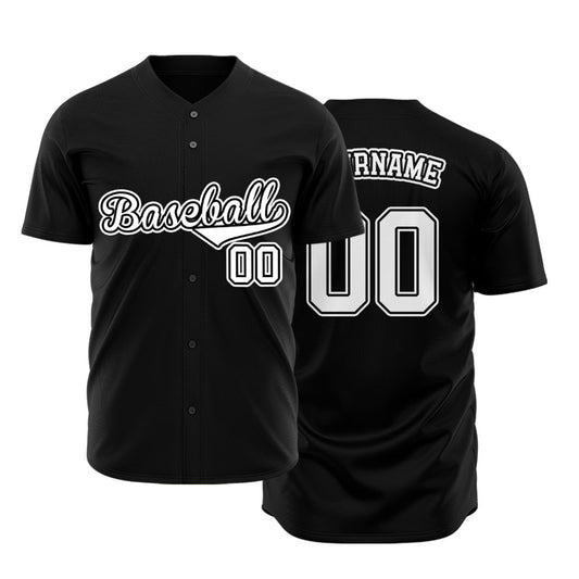 Custom black baseball jersey with white lettering and black outline