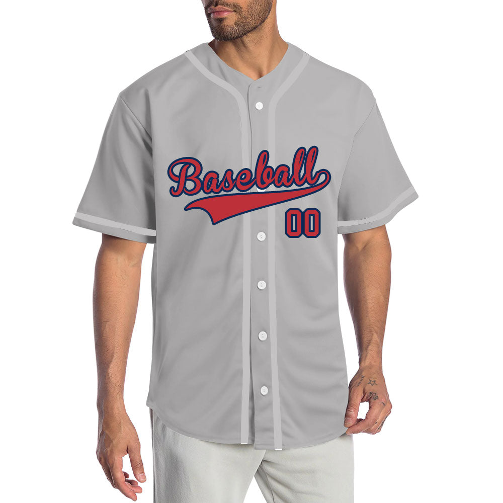 Custom gray baseball jersey with red letters and blue trim