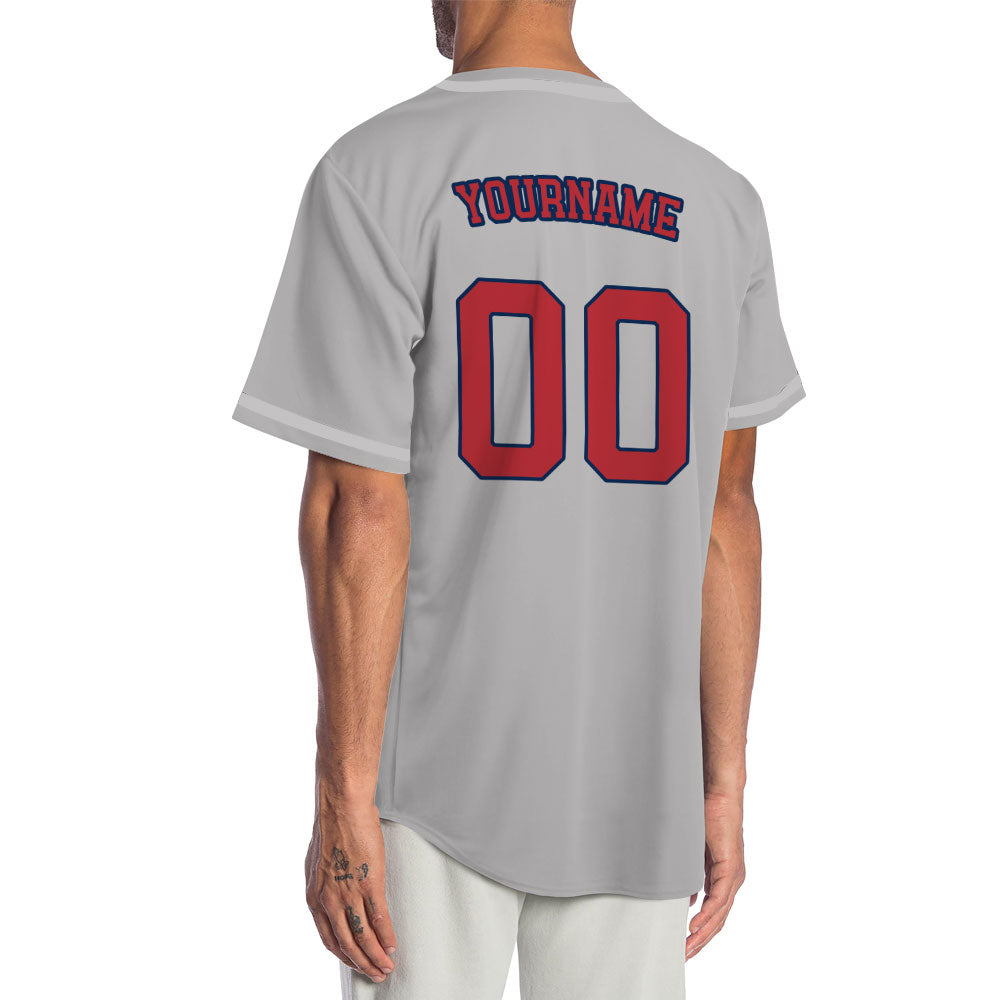Custom gray baseball jersey with red letters and blue trim