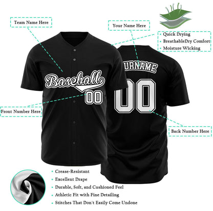 Custom black baseball jersey with white lettering and black outline