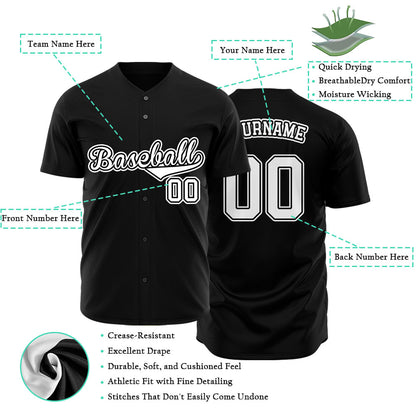 Custom black baseball jersey with white lettering and black outline