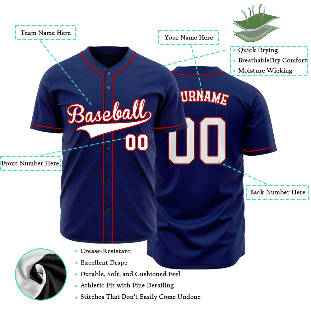 Camiseta de béisbol personalizada con base azul marino y letras blancas con contorno rojo.