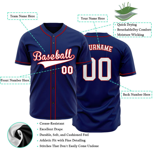 Individuelles Baseball-Trikot mit marineblauer Basis und weißer Schrift mit roter Umrandung