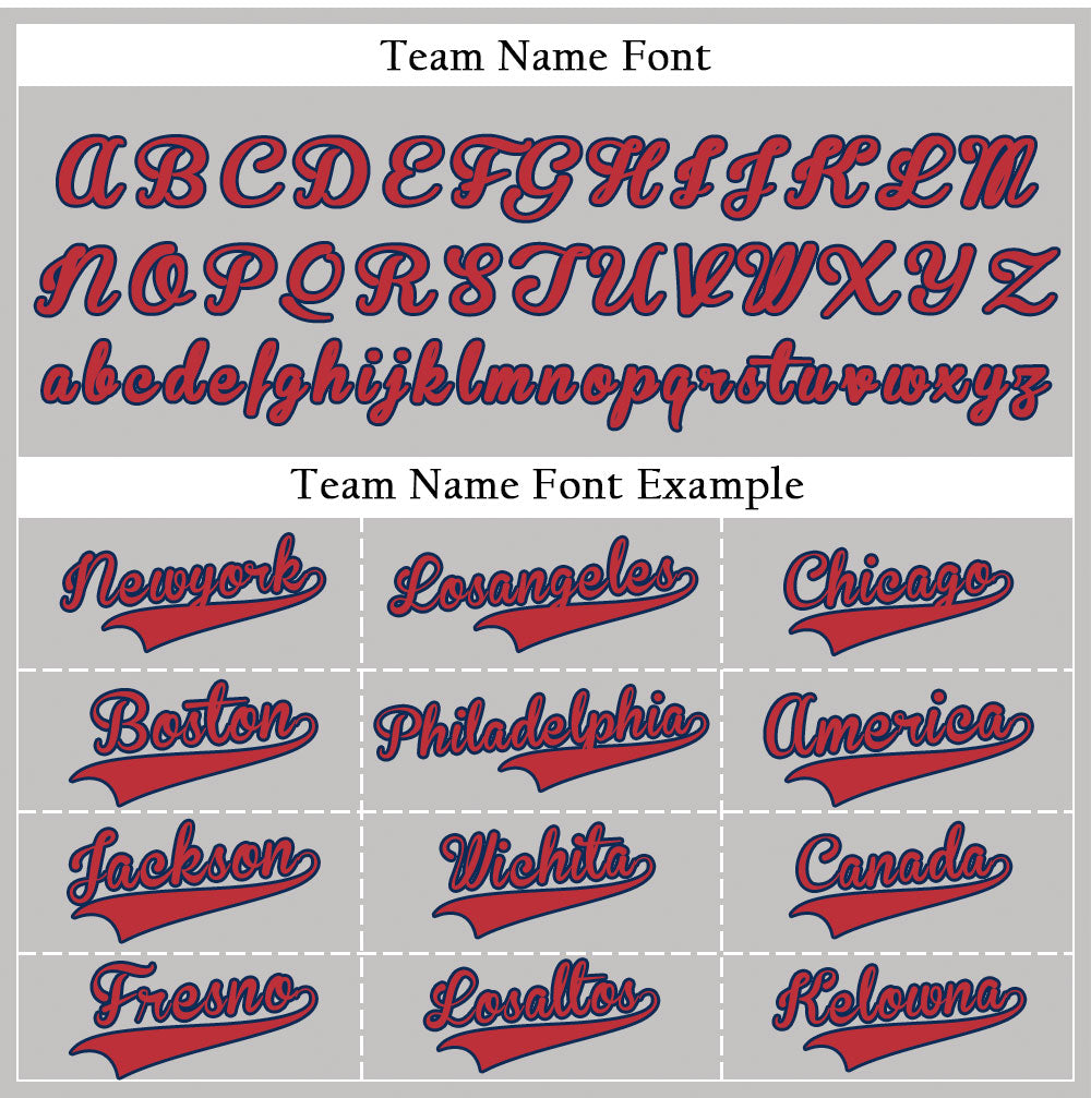 Custom gray baseball jersey with red letters and blue trim