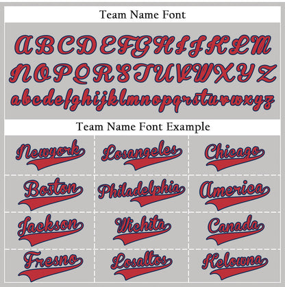 Custom gray baseball jersey with red letters and blue trim