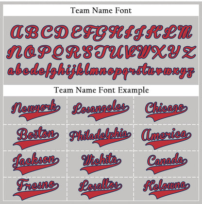 Custom gray baseball jersey with red letters and blue trim