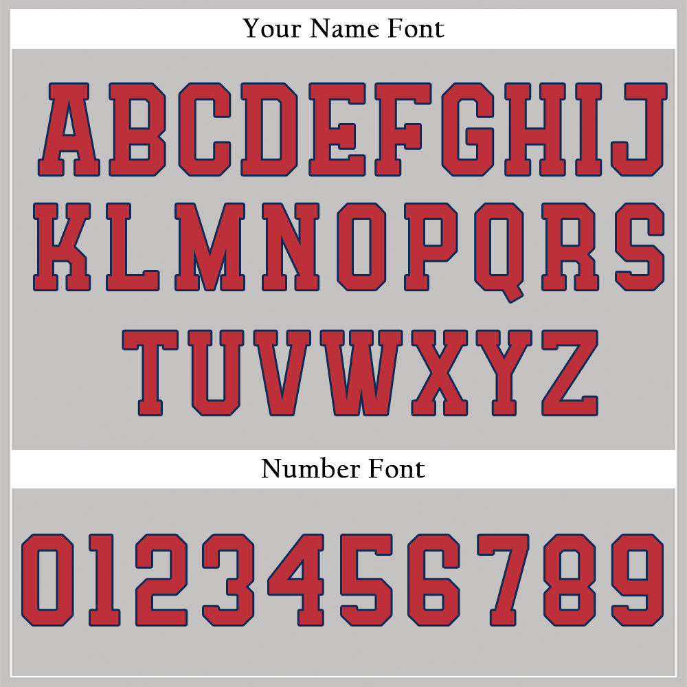 Custom gray baseball jersey with red letters and blue trim