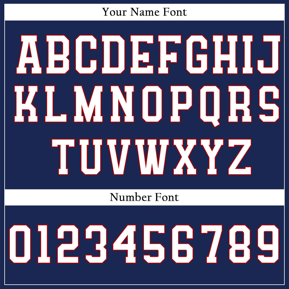 Camiseta de béisbol personalizada con base azul marino y letras blancas con contorno rojo.