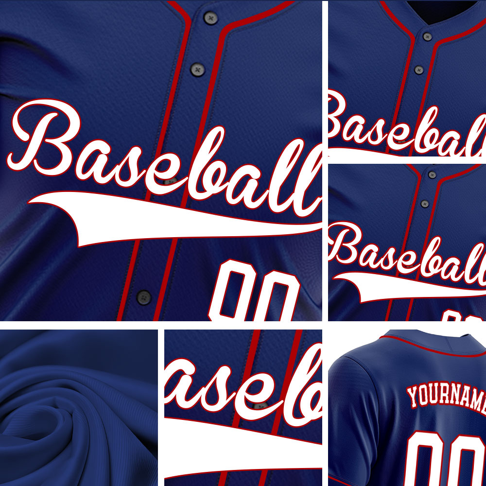 Camiseta de béisbol personalizada con base azul marino y letras blancas con contorno rojo.