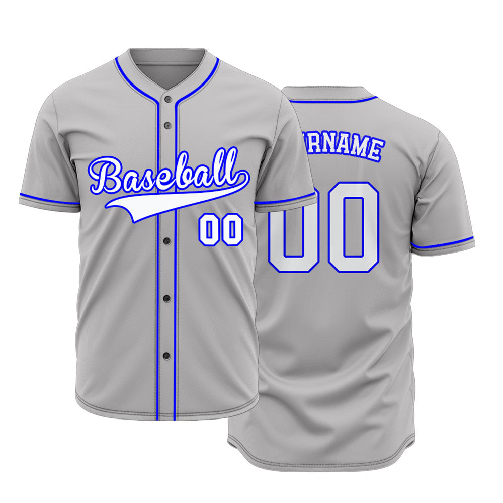 Custom gray baseball jersey with white lettering and electric blue trim