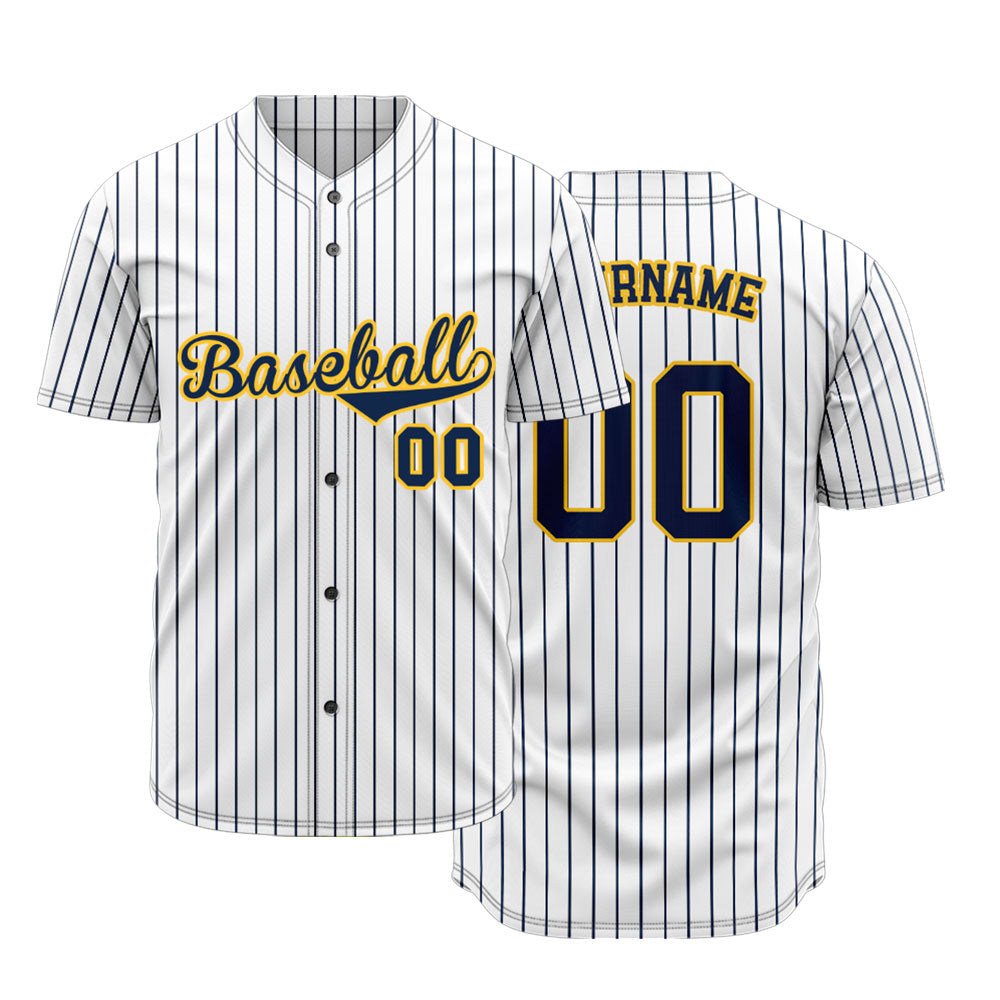 Custom Baseball Jersey with Brown Stripes and Solid White Base featuring Navy Blue Lettering with Yellow Outline