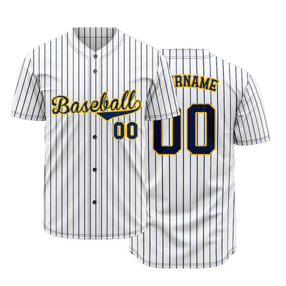 Custom Baseball Jersey with Brown Stripes and Solid White Base featuring Navy Blue Lettering with Yellow Outline
