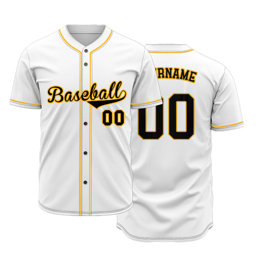 Custom Baseball Jersey with Solid White Base featuring Black Lettering with Yellow Outline