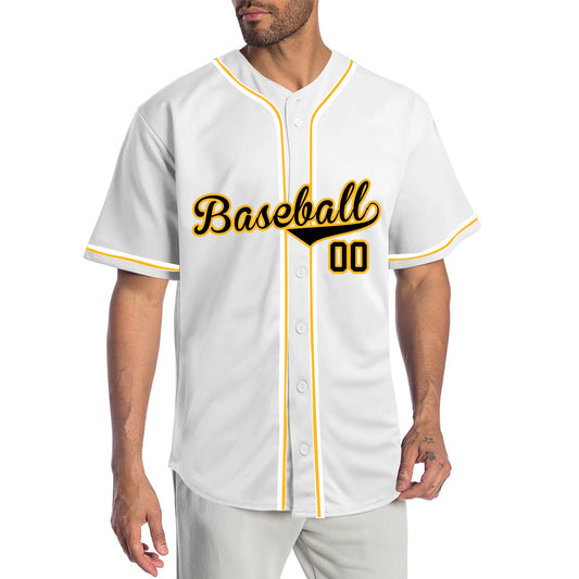 Custom Baseball Jersey with Solid White Base featuring Black Lettering with Yellow Outline