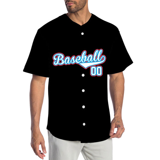 Custom black baseball jersey with white lettering blue outline and red shadow