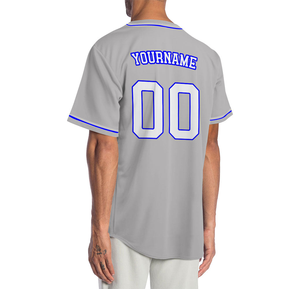 Custom gray baseball jersey with white lettering and electric blue trim