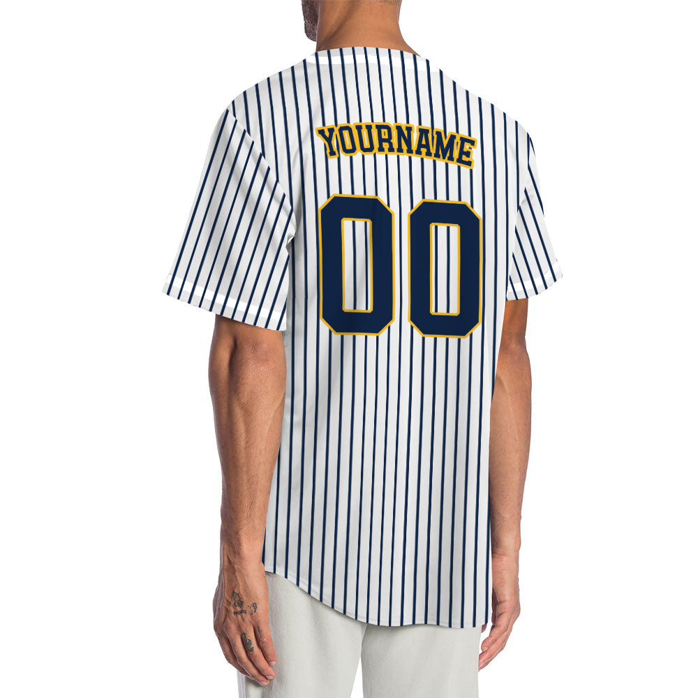 Custom Baseball Jersey with Brown Stripes and Solid White Base featuring Navy Blue Lettering with Yellow Outline