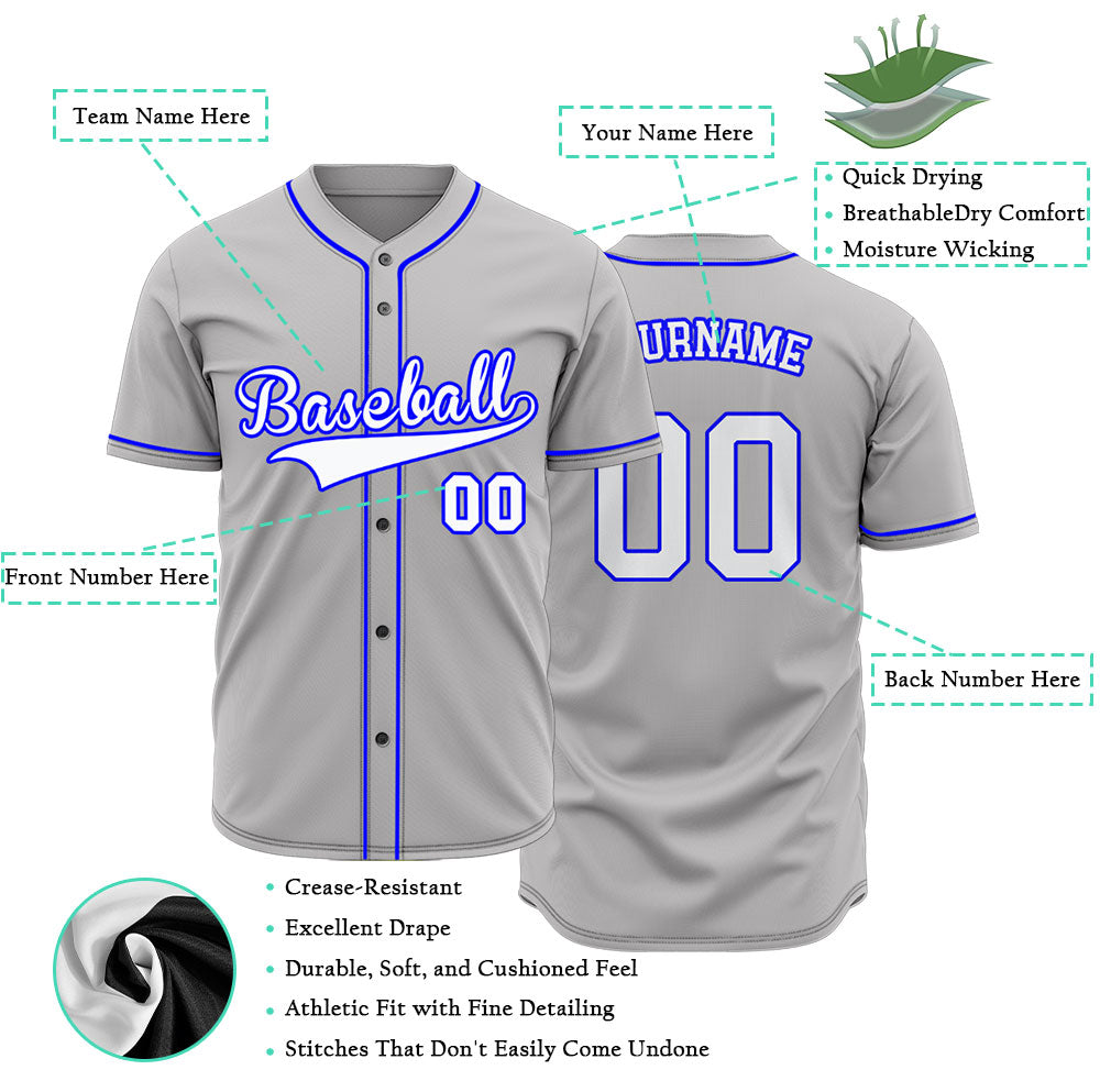 Custom gray baseball jersey with white lettering and electric blue trim