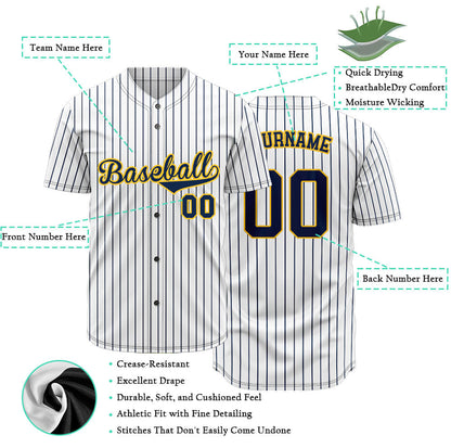 Custom Baseball Jersey with Brown Stripes and Solid White Base featuring Navy Blue Lettering with Yellow Outline