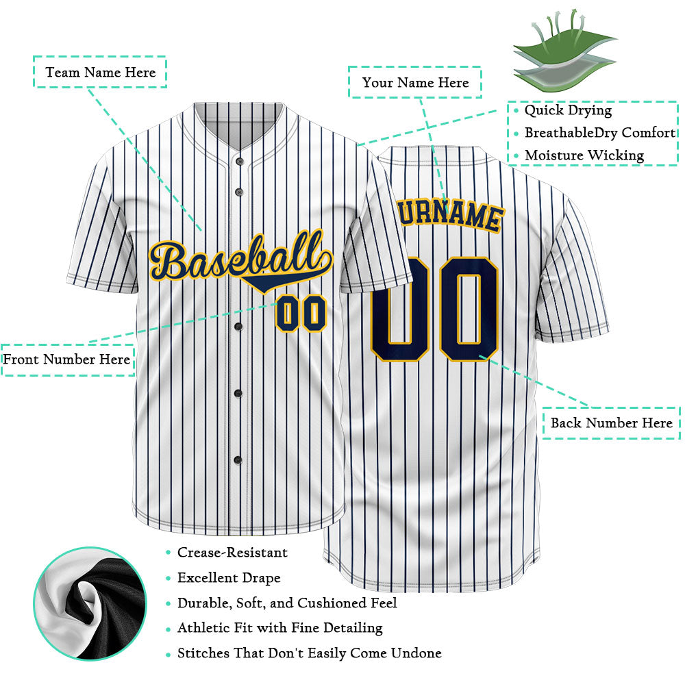 Individuelles Baseball-Trikot mit braunen Streifen und weißer Grundfarbe mit marineblauer Beschriftung und gelber Kontur