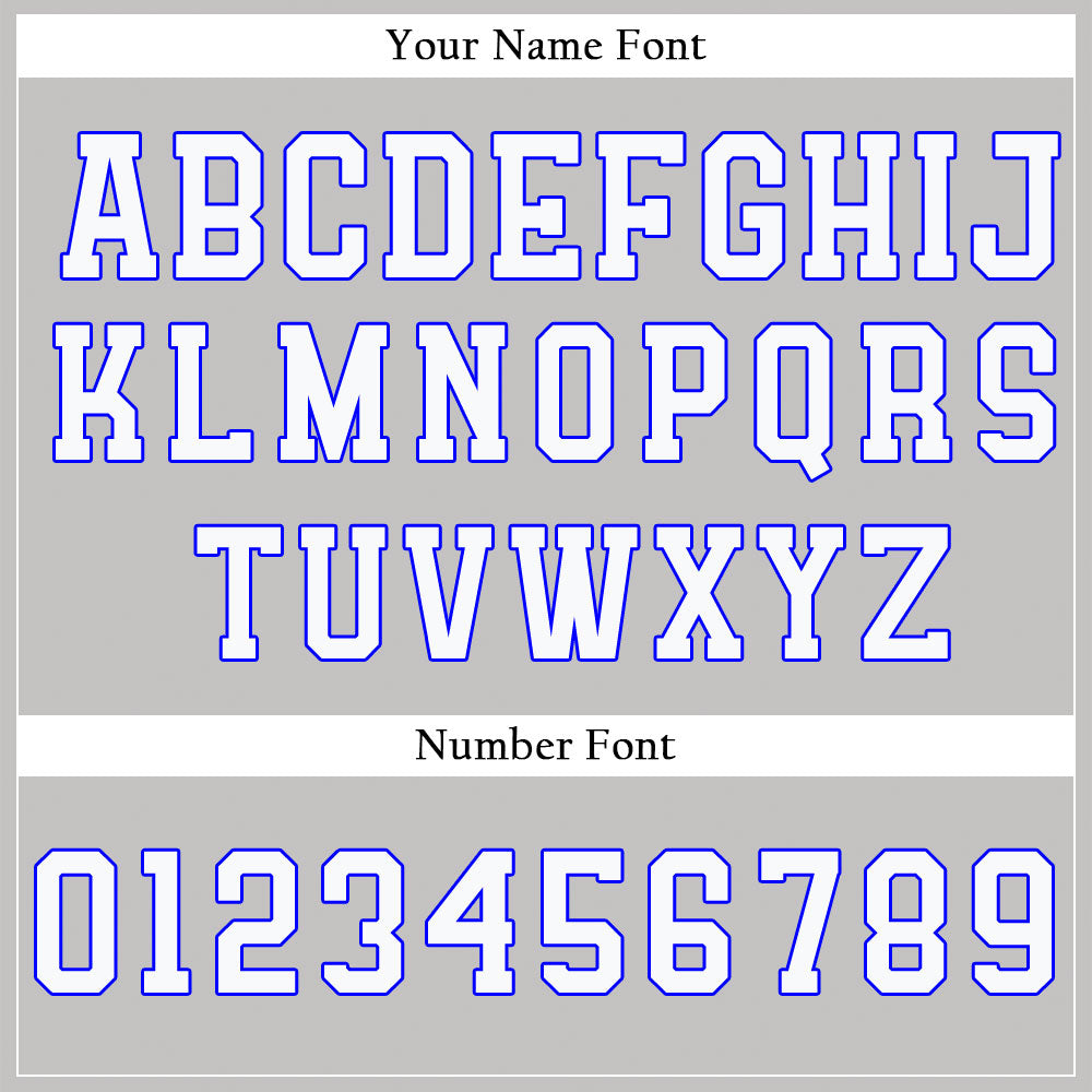 Custom gray baseball jersey with white lettering and electric blue trim