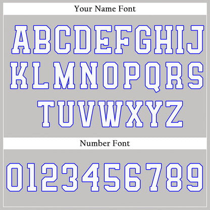 Custom gray baseball jersey with white lettering and electric blue trim