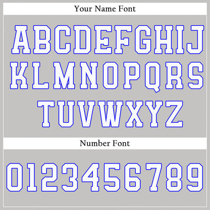 Custom gray baseball jersey with white lettering and electric blue trim