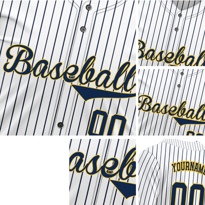 Individuelles Baseball-Trikot mit braunen Streifen und weißer Grundfarbe mit marineblauer Beschriftung und gelber Kontur