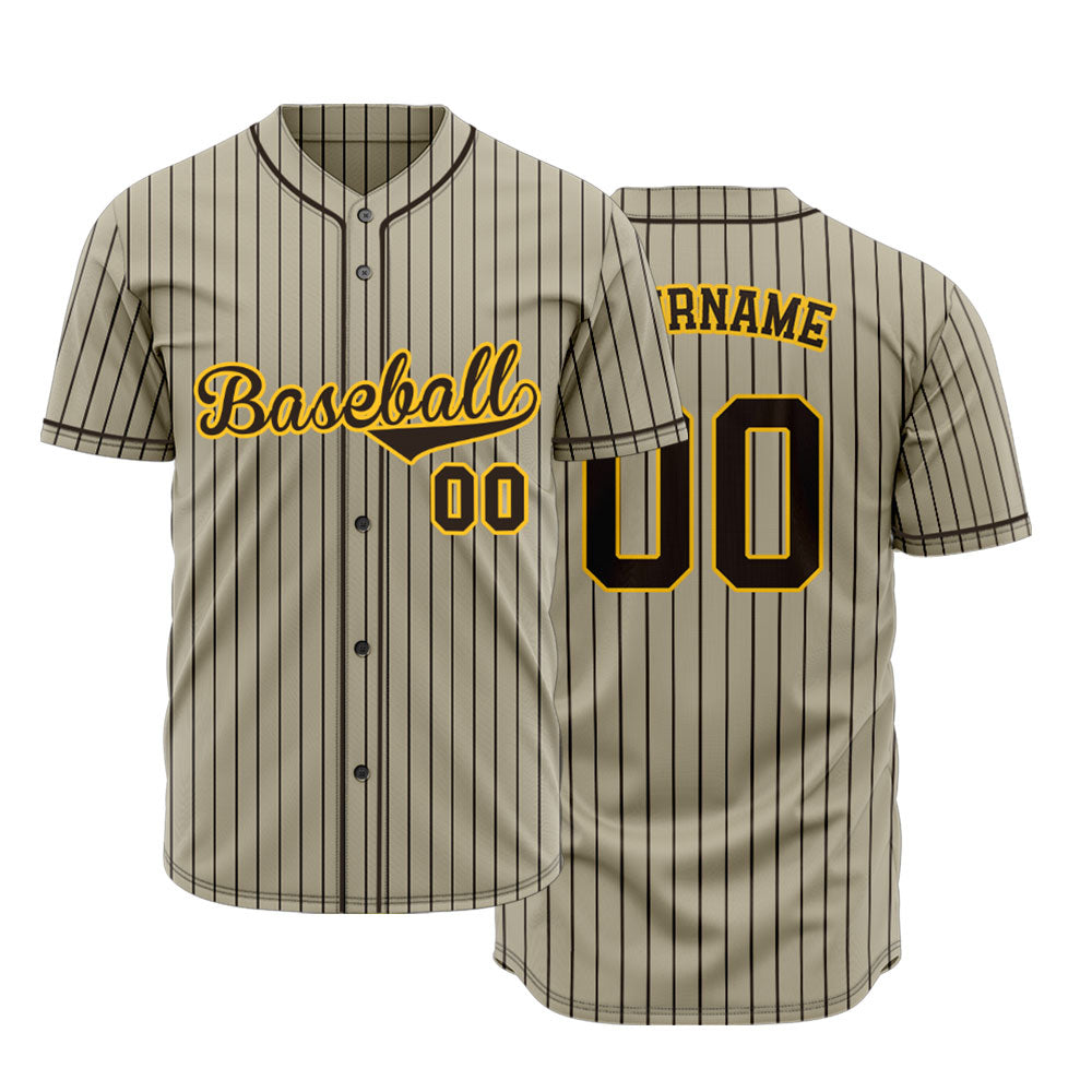Custom Baseball Jersey with Brown Stripes and Khaki Base featuring Yellow Lettering with Brown Outline