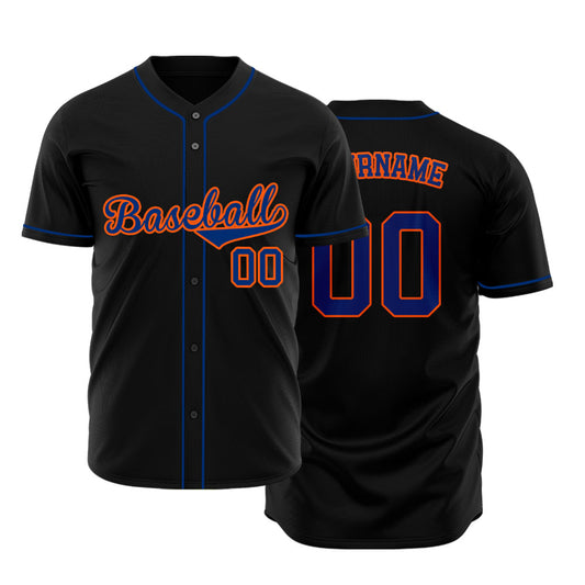Custom black baseball jersey with orange lettering and navy blue outline
