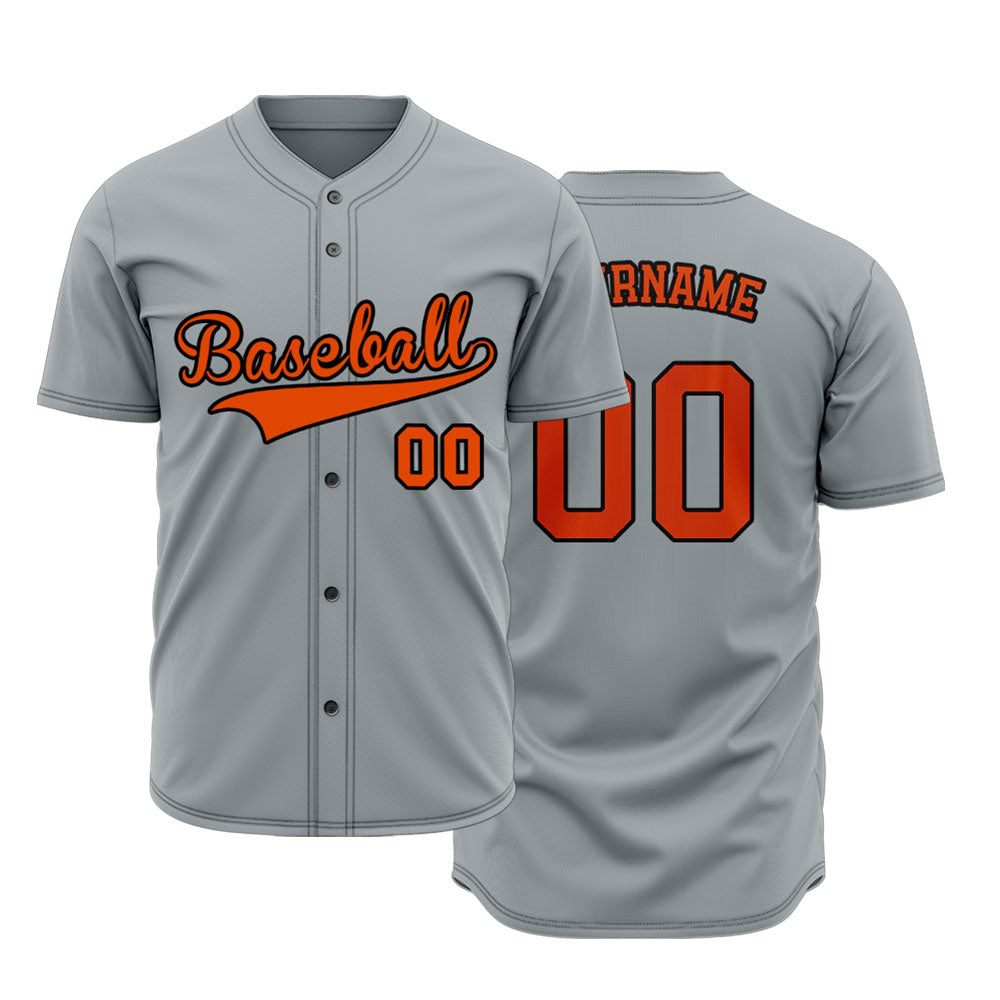 Custom gray baseball jersey with orange lettering and black outline