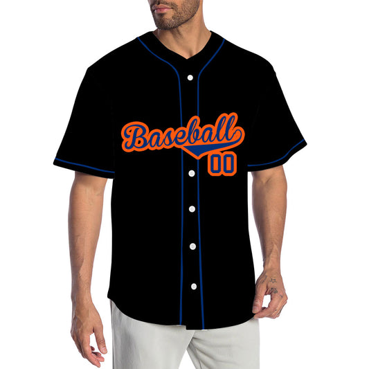 Custom black baseball jersey with orange lettering and navy blue outline