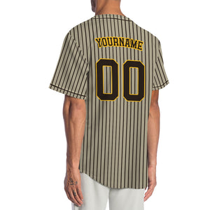 Custom Baseball Jersey with Brown Stripes and Khaki Base featuring Yellow Lettering with Brown Outline