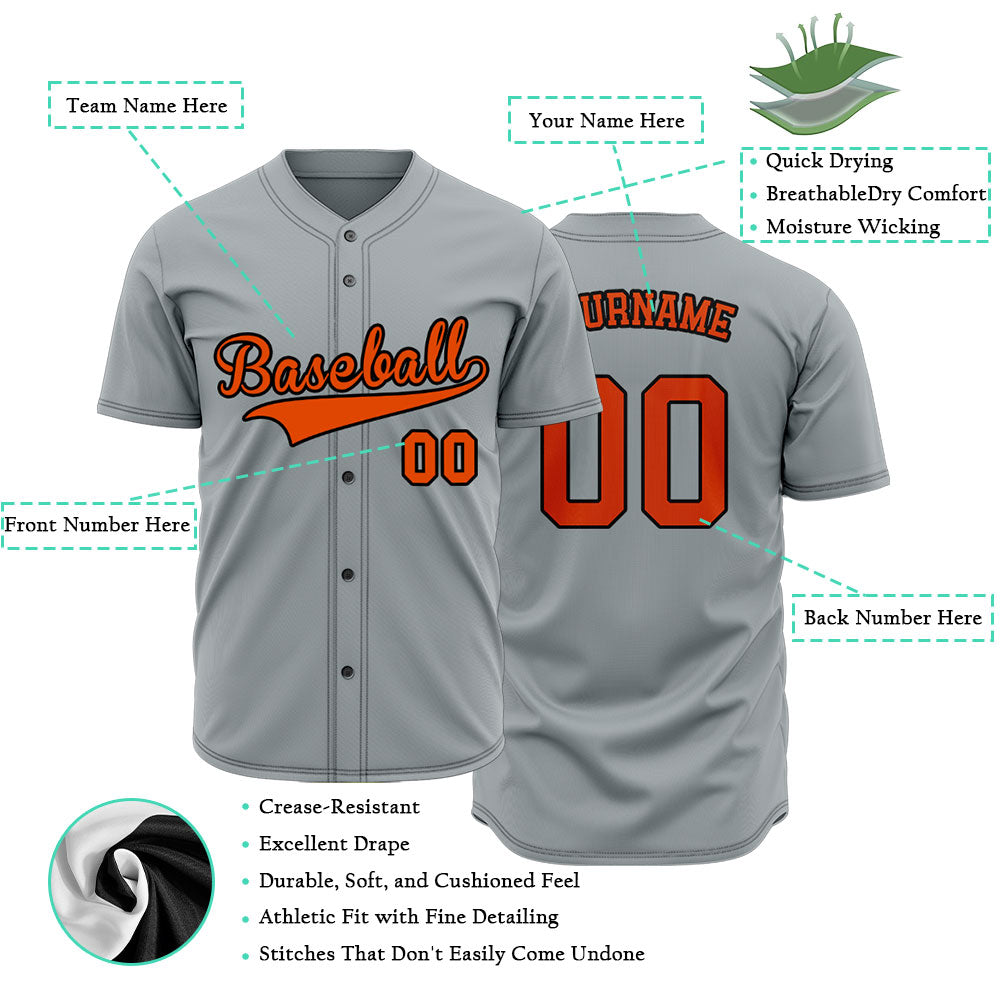 Individuelles graues Baseballtrikot mit orangefarbenem Schriftzug und schwarzer Kontur