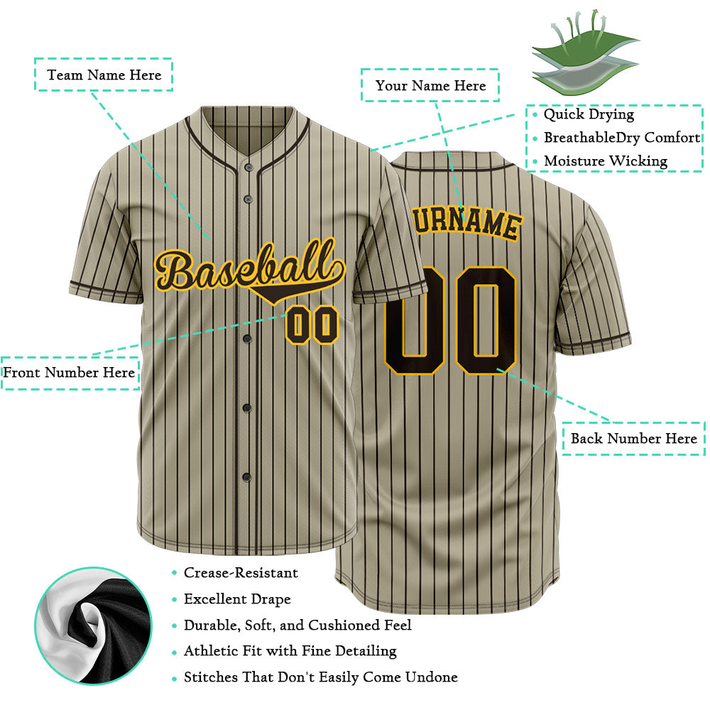 Individuelles Baseball-Trikot mit braunen Streifen und khakifarbener Basis mit gelber Schrift und brauner Kontur