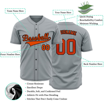 Custom gray baseball jersey with orange lettering and black outline