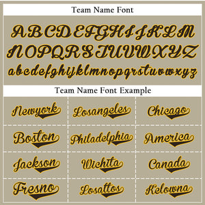 Custom Baseball Jersey with Brown Stripes and Khaki Base featuring Yellow Lettering with Brown Outline