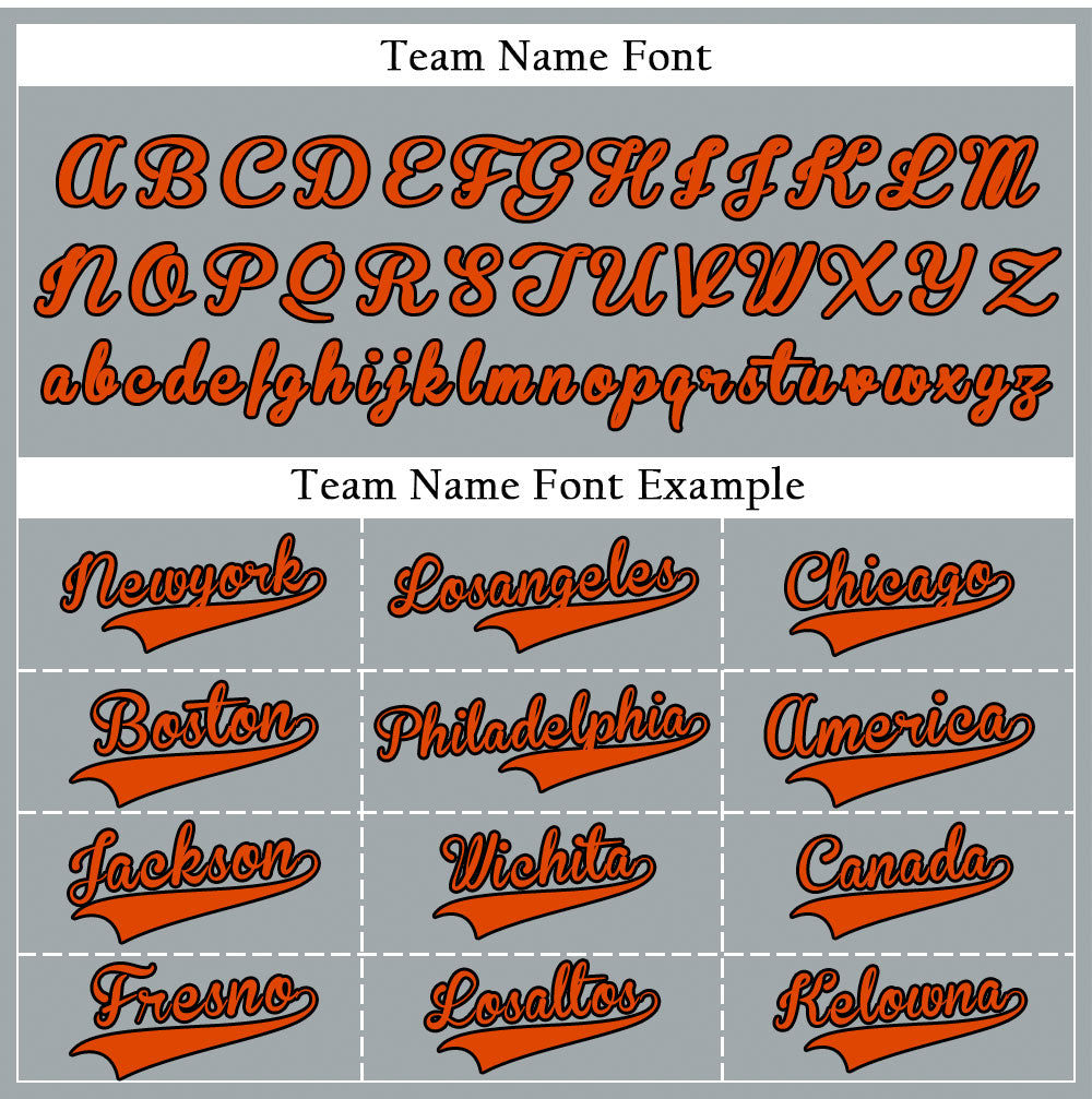 Custom gray baseball jersey with orange lettering and black outline