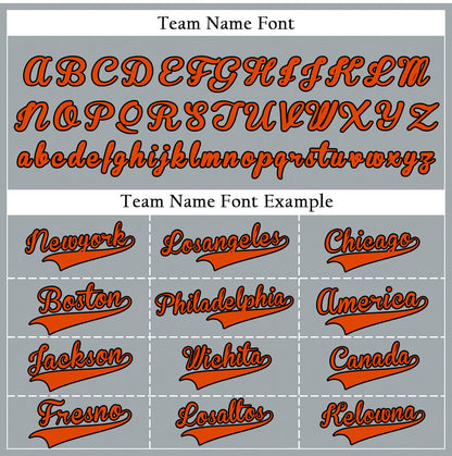 Custom gray baseball jersey with orange lettering and black outline