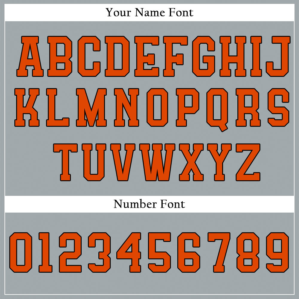 Custom gray baseball jersey with orange lettering and black outline