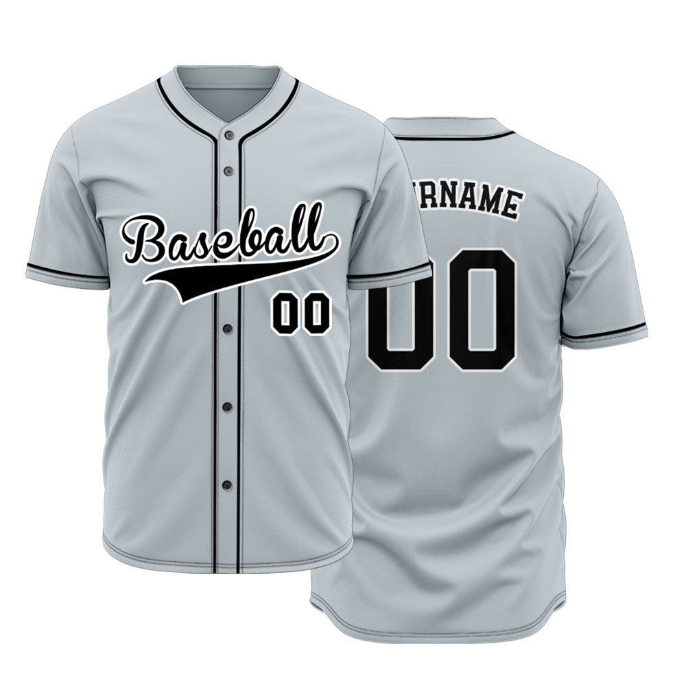 Custom gray baseball jersey with black lettering and white outline