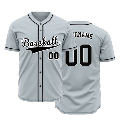 Custom gray baseball jersey with black lettering and white outline