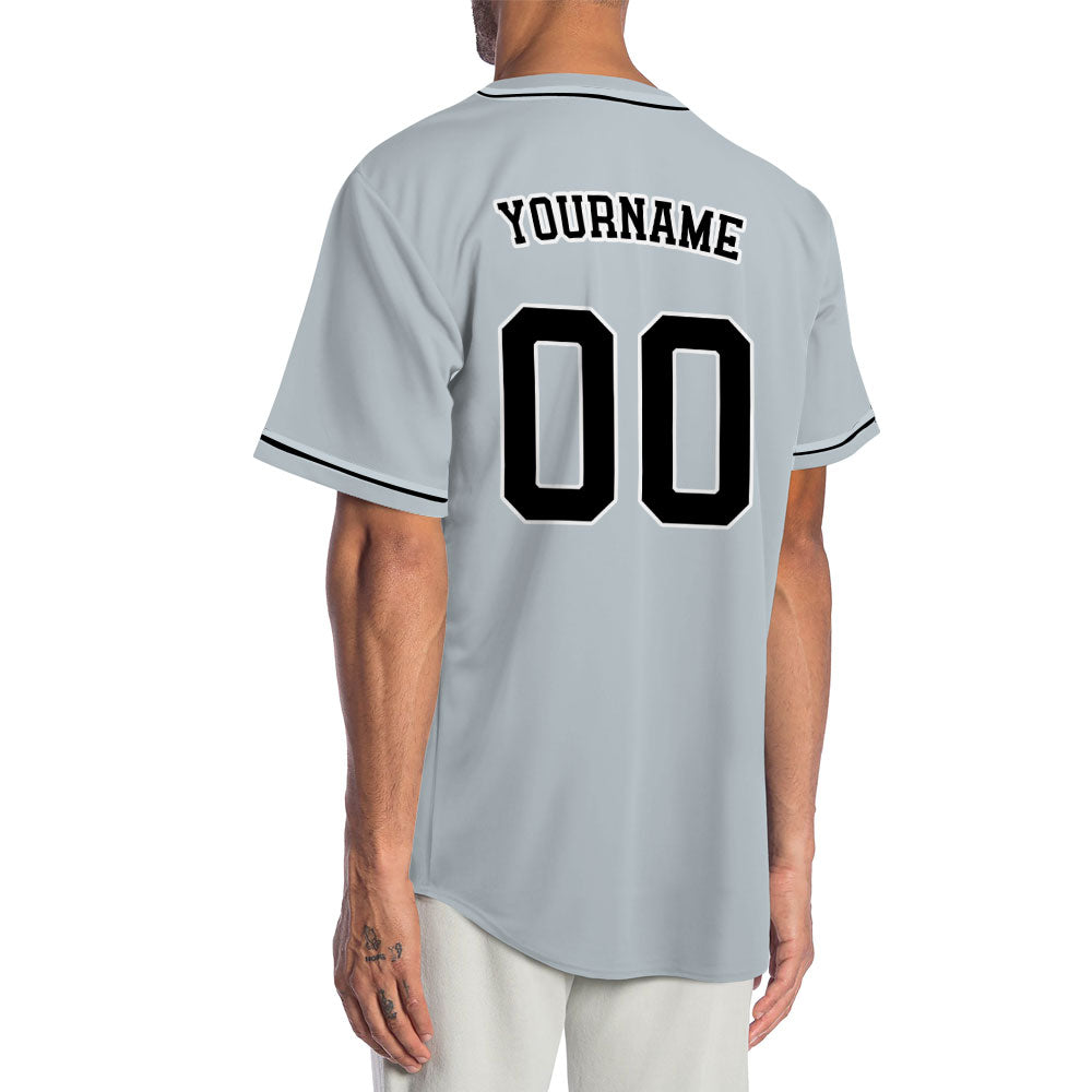 Custom gray baseball jersey with black lettering and white outline