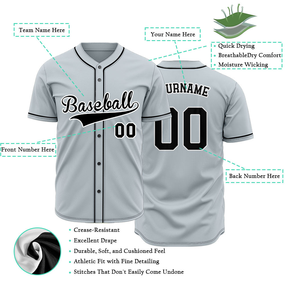 Custom gray baseball jersey with black lettering and white outline