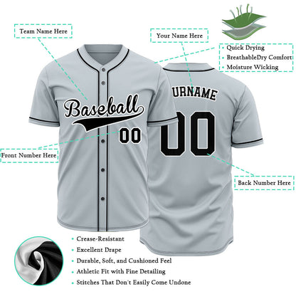 Custom gray baseball jersey with black lettering and white outline