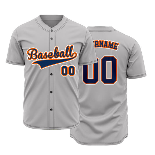 Custom gray baseball jersey with orange lettering and navy blue outline