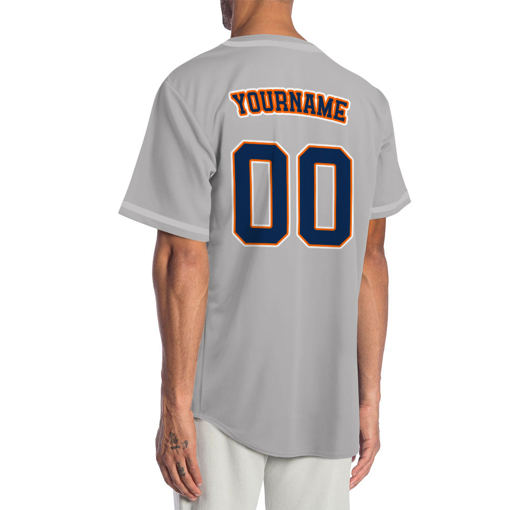 Custom gray baseball jersey with orange lettering and navy blue outline