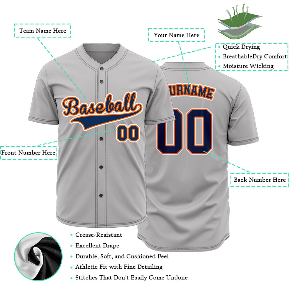 Custom gray baseball jersey with orange lettering and navy blue outline